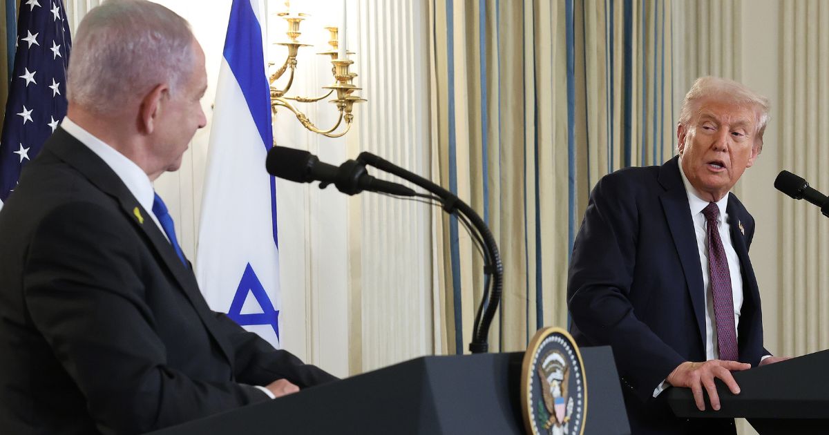 President Donald Trump speaks with Israeli Prime Minister Benjamin Netanyahu during a joint news conference in Washington, DC, on Sept. 29, 2025.