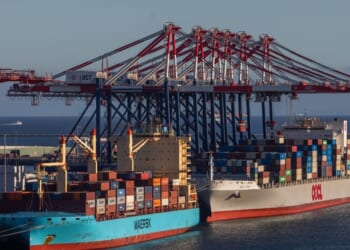 The Maersk Yosemite and the OOCL Utah container ships are seen at the Port of Long Beach on Sept. 9, 2025, in Long Beach, California.