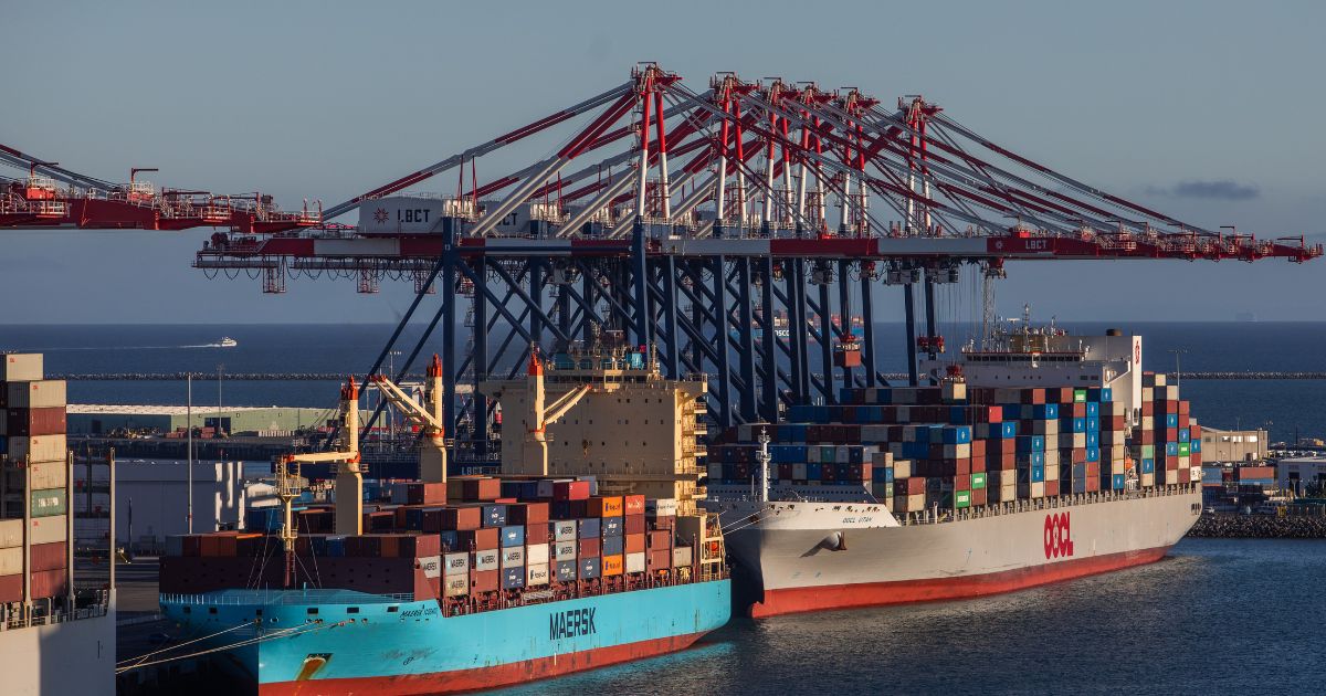 The Maersk Yosemite and the OOCL Utah container ships are seen at the Port of Long Beach on Sept. 9, 2025, in Long Beach, California.