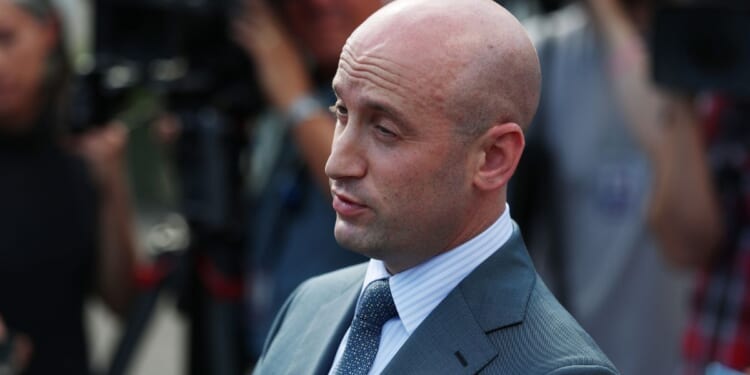 Deputy White House Chief of Staff Stephen Miller speaks to reporters outside of the White House in Washington, D.C., on Monday.
