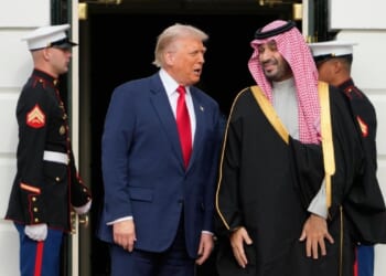 Trump greets Saudi crown prince with fanfare, jet flyover