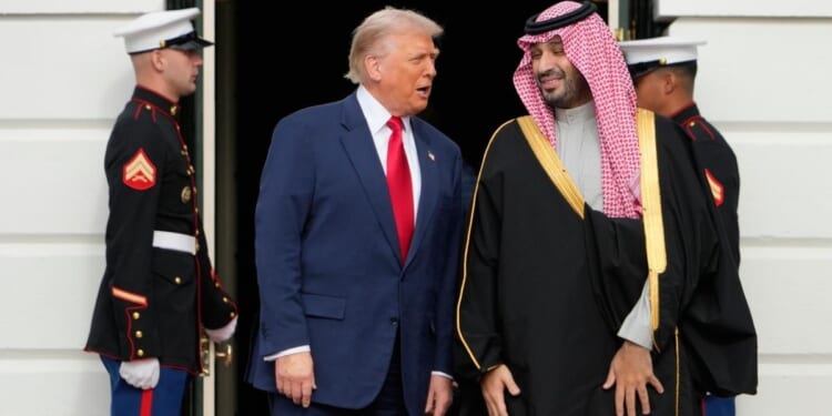 Trump greets Saudi crown prince with fanfare, jet flyover