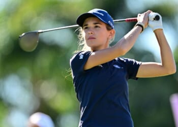 Amateur Kai Trump of the United States plays her shot from the 16th tee during the first round of The ANNIKA driven by Gainbridge at Pelican 2025 at Pelican Golf Club on Nov. 13, 2025, in Belleair, Florida.