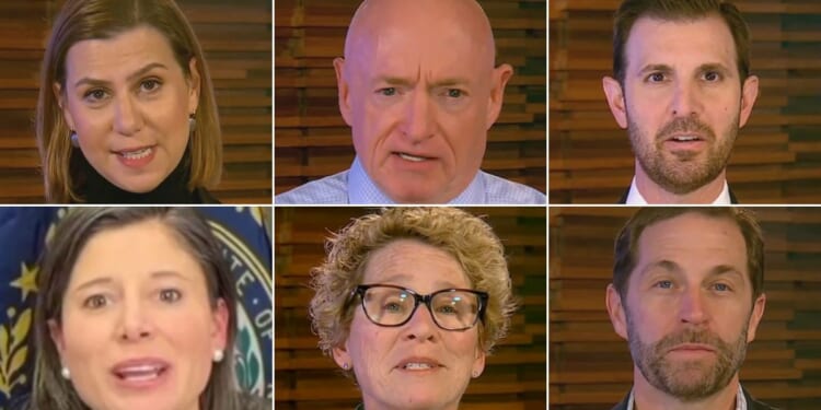 Democrats in the video include, from top row, left to right, Elissa Slotkin of Michigan, Mark Kelly of Arizona, Chris Deluzio of Pennsylvania, Maggie Goodlander of New Hampshire, Chrissy Houlahan of Pennsylvania, and Jason Crow of Colorado.