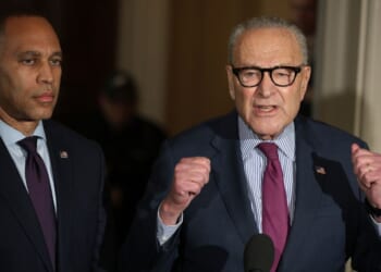 Senate Minority Leader Chuck Schumer and House Minority Leader Hakeem Jeffries brief members of the press during a news conference on the government shutdown at the U.S. Capitol on Oct. 16, 2025, in Washington, D.C.