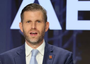 Eric Trump, co-founder of American Bitcoin, speaks before ringing the opening bell at the Nasdaq headquarters on Sept. 16, 2025, in New York City.