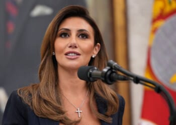 White House Presidential Counselor Alina Habba delivers remarks before being sworn in as the interim U.S. Attorney for New Jersey in the Oval Office at the White House on March 28, 2025, in Washington, D.C.