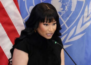 Rapper Nikki Minaj speaks at the US Mission to the United Nations in New York City on Nov. 18, 2025.