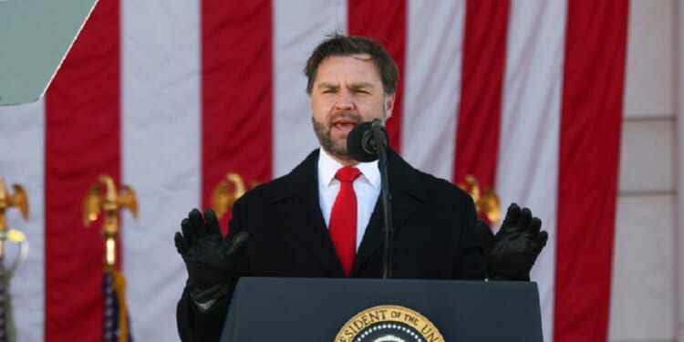 Vice President J.D. Vance, pictured speaking during a Veterans Day ceremony at Memorial Amphitheater at Arlington National Cemetery in Arlington, Virginia.