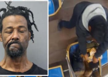 A police mug shot for Lawrence Reed, left. Right, a still from a surveillance video where Reed set a woman on fire aboard a Chicago public transit train.