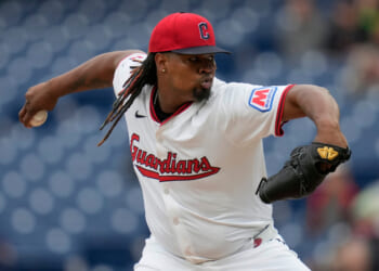 Cleveland Guardians' Luis Ortiz pitches in the first inning of a baseball game against the Minnesota Twins, in Cleveland on April 30, 2025.