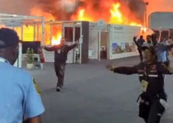 A screen grab taken from AFPTV video footage shows emergency crews battling a fire that broke out Thursday at a pavilion inside the venue of the COP30 UN Climate Change Conference in Belem, Para state, Brazil.