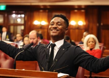 Chi Ossé celebrates the passing of his bill during a New York City Council meeting on Nov. 13, 2024. Now, Ossé has set his sights on a higher office.