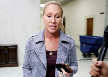 Marjorie Taylor Greene speaks to reporters outside her office in the Rayburn House Office Building in Washington, DC on Nov. 17, 2025.