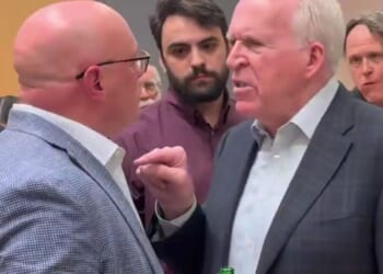On Thursday, former CIA Director John Brennan, right, became agitated after national security consultant Thomas Speciale II, left, asked him about the Hunter Biden laptop.
