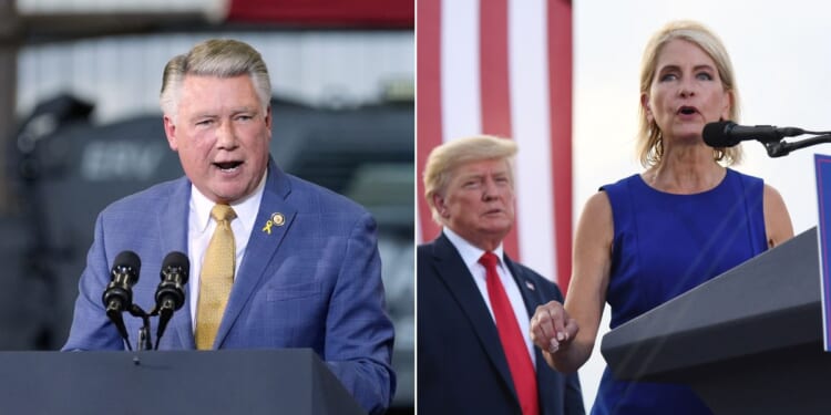 Rep Mark Harris of North Carolina, left, and Rep. Mary Miller of Illinois, right, seen with President Donald Trump at a 2022 event, are working to end the program that provides taxpayer funds to transport minors across state lines for abortions.