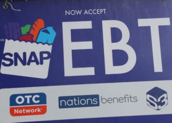 An EBT sign is displayed in the window of a grocery store in New York City on Oct. 30, 2025.