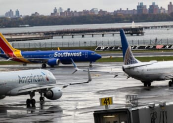 Planes line up on the tarmac at LaGuardia Airport on Nov. 10, 2025, in New York City.