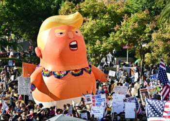 Protesters rally during the "No Kings" national day of protest in Los Angeles, California, on Oct. 18, 2025.