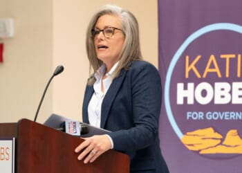 Arizona Gov. Katie Hobbs speaks during her "Arizona First" rally at El Rio Center on Nov. 1, 2025, in Tucson, Arizona.