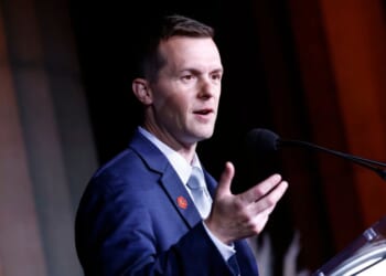 Rep. Jared Golden speaks on stage during Headstrong Washington D.C. Gala at Andrew W. Mellon Auditorium on Nov, 3, 2021, in Washington, D.C.
