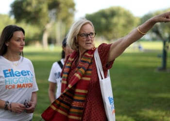 City of Miami mayoral candidate Eileen Higgins and Florida Democratic Party Chair Nikki Fried prepare to canvass a neighborhood for votes on Dec. 8, 2025, in Miami, Florida.