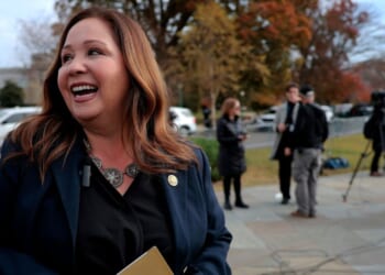 Rep. Adelita Grijalva, a Democrat from Arizona, exits from the news conference on the Epstein files outside the U.S. Capitol on Nov. 18, 2025, in Washington, D.C.
