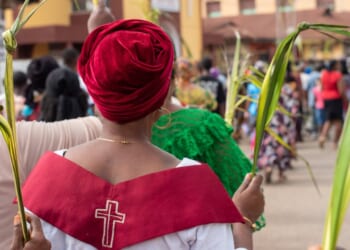 Members of St. Mary Cathedral celebrate Palm Sunday in Ibadan, Oyo, Nigeria on March 24, 2024.