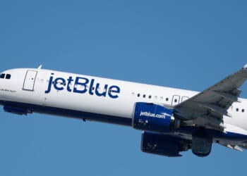 A JetBlue Airways Airbus A321 airplane departs from Los Angeles International Airport en route to New York on Oct. 17, 2025, in Los Angeles, California.