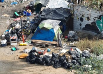 A view of trash, RVs, and homeless encampment in downtown Los Angeles on Oct. 25, 2025.