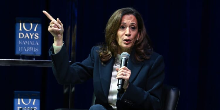 Former Vice President Kamala Harris speaks onstage during her "107 Days" book tour at Tabernacle on Oct. 8, 2025, in Atlanta, Georgia.