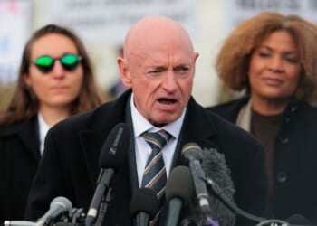 Sen. Mark Kelly speaks during a news conference on the "Epstein Files" outside the U.S. Capitol on Nov. 18, 2025, in Washington, D.C.