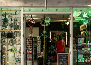 The entrance to a cannabis shop and dispensary with a leaf and alien logo on Duval Street in Key West at the end of the Keys road in the state of Florida on July 31, 2025.