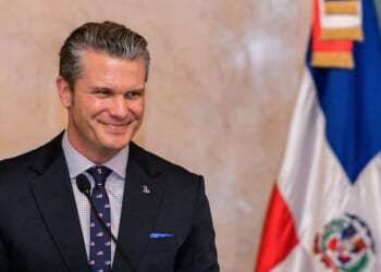 Secretary of Defense Pete Hegseth smiles during a press conference at the Dominican National Palace in Santo Domingo on Nov. 26, 2025.