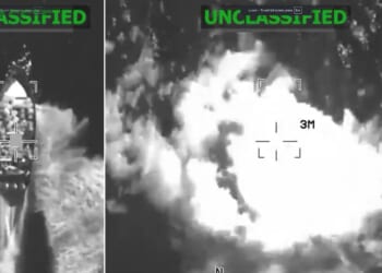 The U.S. Southern Command posted video of the boat before, left, and after it was hit by "a lethal kinetic strike."