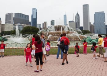 A group of preschool children walk around Buckingham Fountain in Grant Park in downtown Chicago on July 22, 2010.