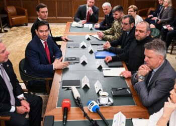 Secretary of State Marco Rubio, flanked by White House Special Envoy Steve Witkoff and Jared Kushner, speaks during a meeting with Ukrainian officials headed by Secretary of the National Security and Defense Council of Ukraine Rustem Umerov in Hallandale Beach, Florida, on Nov. 30, 2025.