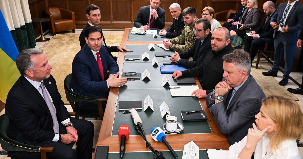 Secretary of State Marco Rubio, flanked by White House Special Envoy Steve Witkoff and Jared Kushner, speaks during a meeting with Ukrainian officials headed by Secretary of the National Security and Defense Council of Ukraine Rustem Umerov in Hallandale Beach, Florida, on Nov. 30, 2025.