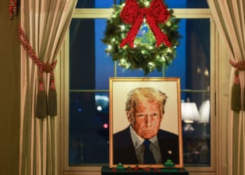 A Lego portrait of President Donald Trump is seen in the Green Room during an advance tour of the 2025 White House Christmas decorations on Dec. 1 in Washington, D.C. (Anna Moneymaker / Getty Images)