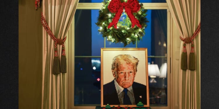 A Lego portrait of President Donald Trump is seen in the Green Room during an advance tour of the 2025 White House Christmas decorations on Dec. 1 in Washington, D.C. (Anna Moneymaker / Getty Images)