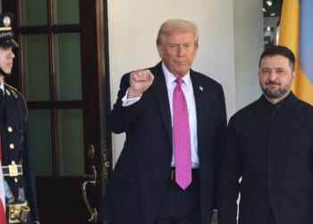 President Donald Trump greets Ukrainian President Volodymyr Zelensky outside the West Wing of the White House on Oct. 17, 2025, in Washington, D.C.