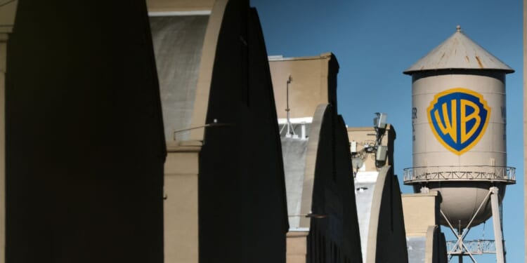 The WB water tower is seen at Warner Bros. Studios in Burbank, California, on Dec. 5, 2025.