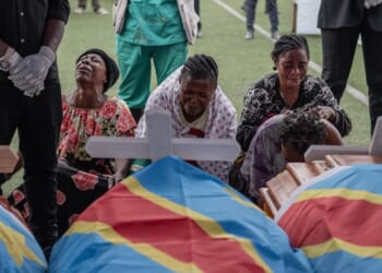 M23 rebel group holds a symbolic funeral for victims of drone strike in eastern Congo