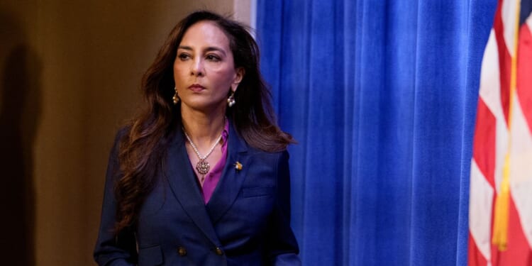 Assistant Attorney General for Civil Rights Harmeet Dhillon arrives for a news conference at the Justice Department on Sept. 29, 2025, in Washington, D.C.