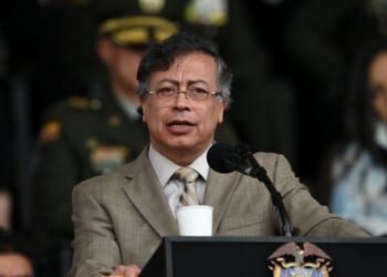 Colombian President Gustavo Petro delivers a speech during the commemoration of the 134th anniversary of the National Police and the promotion of officers at the General Santander Police Academy in Bogota, Colombia, on Nov. 13, 2025.