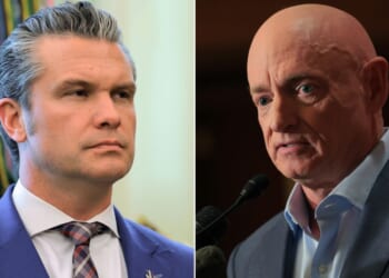 War Secretary Pete Hegseth, left, said the video that Sen. Mark Kelly, right, an Arizona Democrat, participated in was "reckless and seditious" and "was clearly intended to undermine good order and military discipline."