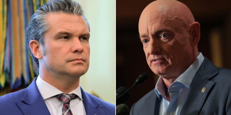 War Secretary Pete Hegseth, left, said the video that Sen. Mark Kelly, right, an Arizona Democrat, participated in was "reckless and seditious" and "was clearly intended to undermine good order and military discipline."