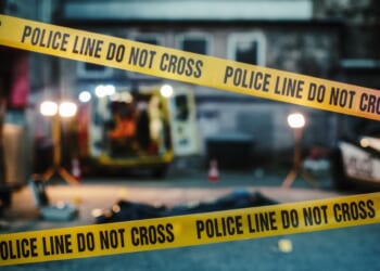 A stock image depicts a crime scene. Los Angeles police responded after a New Year's Eve shooting incident at an apartment complex.