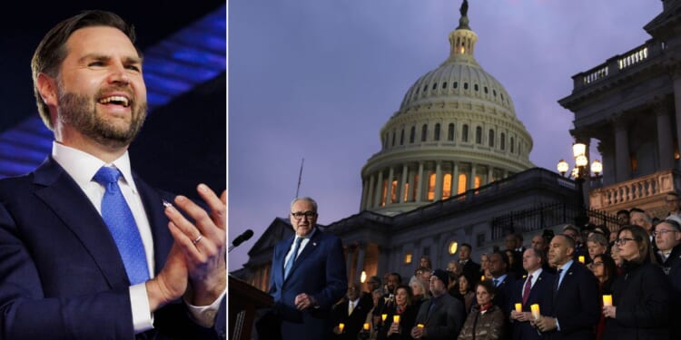 Vice President J.D. Vance, left, seen in a December photo, was among many conservatives accusing the Congressional Democrats of staging cringe political theater with their candlelight Jan. 6 stunt on the Capitol steps.