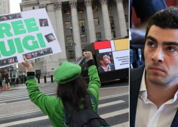 An unidentified supporter, left, is seen demonstrating on Jan. 9 for the release of Luigi Mangione, right, accused of fatally shooting UnitedHealthcare CEO Brian Thompson on Dec. 4, 2024. Another Mangione supporter was arrested Thursday for allegedly posing as an FBI officer demanding the suspect's release. (Michael M. Santiago / Getty Images; Shannon Stapleton - pool / Getty Images)